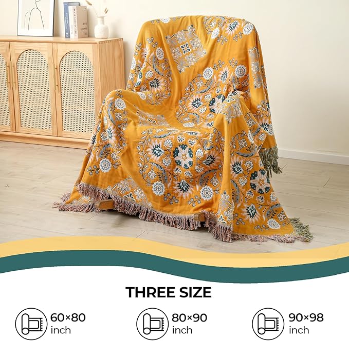 Boho Throw Blanket for Bed,100% Cotton Ultra Soft Lightweight Muslin 4-Layer Breathable Woven Throws 80''x 90'' Blanket Yellow Floral Printed Farmhouse Decor Bed Blankets
