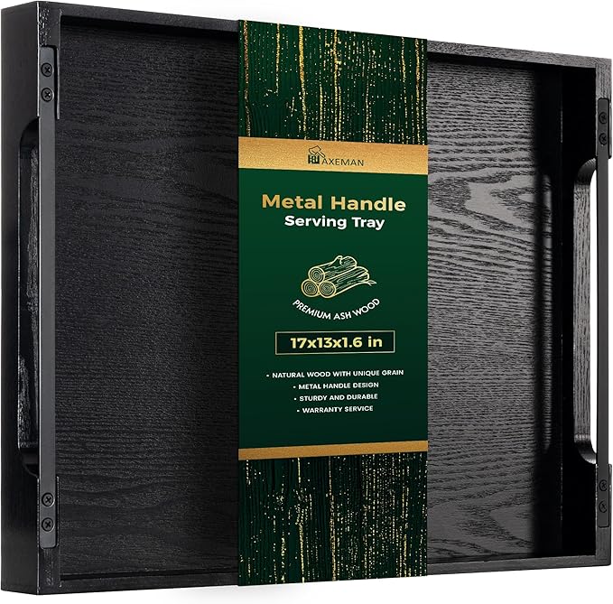 Axeman Wooden Serving Tray with Metal Handles|Ottoman Tray for Breakfast, Bed, Couch|17x13in Ash Wood Coffee Table Trays|Food Drinks Decorative Storage Boards for Ottoman Kitchen, Black