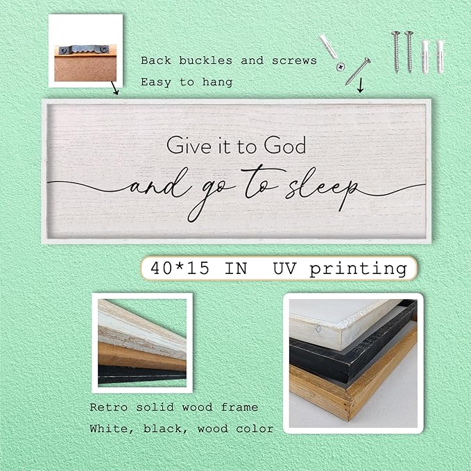 LuZhiQiang Give It To God And Go To Sleep Sign Above Over Bed Wall Decor Art 40"X15" for Master Bedroom Large Wood Framed Hanging (White)