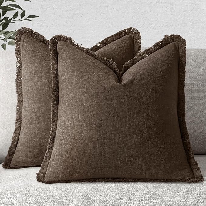 MIULEE Linen Fringe Decorative Euro Pillow Covers Chocolate Brown 24x24 | Set by MIULEE