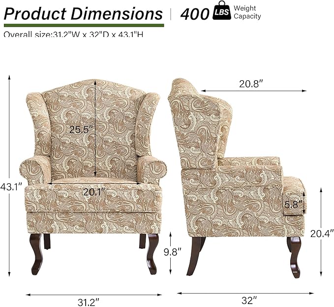 Accent Chair, High Back Upholstered Armchair with High Resilience Sponge & Wood Legs, Mid-Century Modern Comfy Single Sofa Reading Chairs for Living Room, Bedroom (Floral Sand, Set of 1)