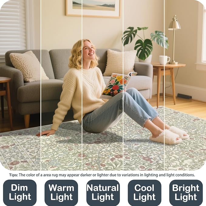 Vintage Light Green Living Room Rug, 9x12 Washable Area Rugs - Image 5