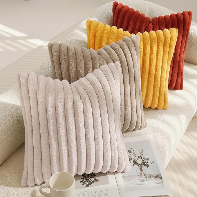 decorUhome Fall Faux Fur Throw Pillow Covers 26x26 Set of 2 Beige | Decorative - Image 7