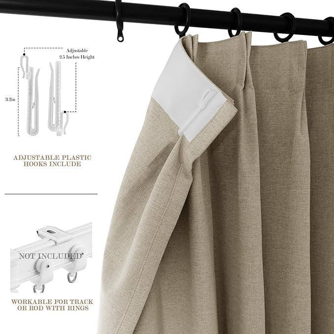 120" Wx96 L Linen Room Divider Drapes for Doorway/Glass Window/Sliding Door/Patio, Extra Wide Pinch Pleated Full Blackout Curtains for Girls Boys Teen Kids Room, 1 Panel, Light Khaki