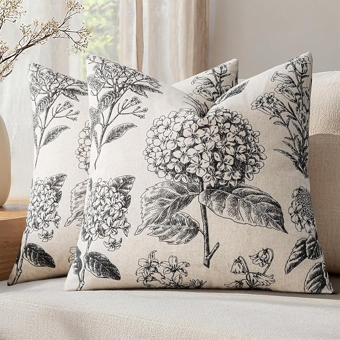 Set of 2 Decorative Floral Pillow Covers 22x22 Inch Black | Neutral Hydrangea by SWANCOCO