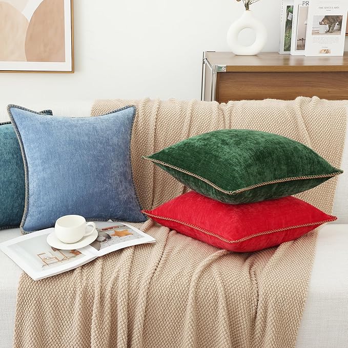 decorUhome Chenille Soft Throw Pillow Covers 22x22 Set of 2, Farmhouse Velvet Neutral Decorative Euro Pillow Covers with Stitched Edge for Couch Sofa Bed Home Decor, Blue