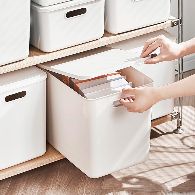 5 pack large plastic White storage bins with Lids, Toy Box Chest with Handle，Organizer Containers Baskets for Baby,Nursery，Shelves，Playroom, Bedroom，Office,Closet，home (White, 5L)