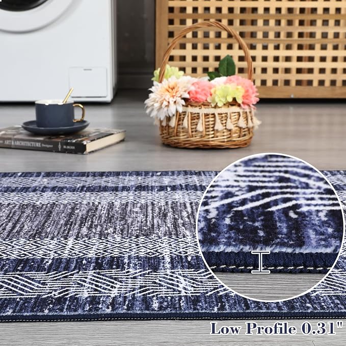 Washable 2.5x10 Kitchen Runner Navy Blue Rug, Easy Clean Geometri Rugs - Image 5