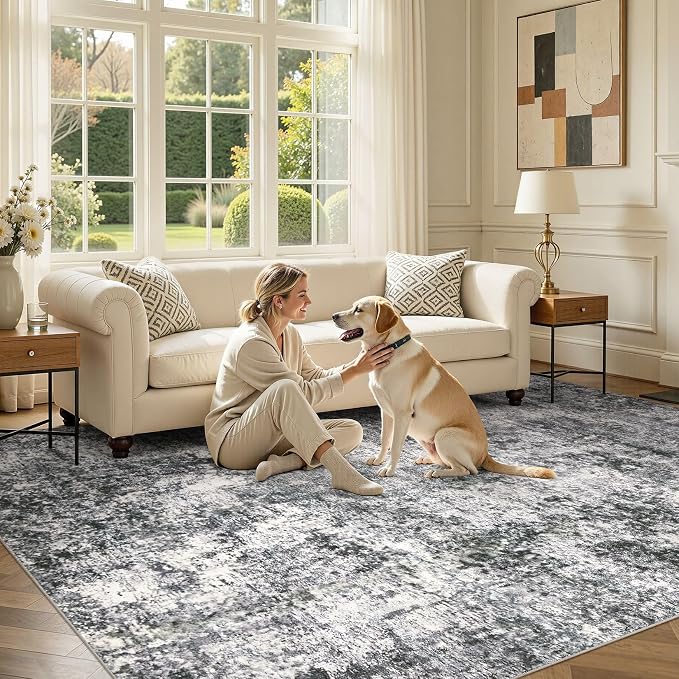 DMOYEST Area Rug Living Room Rugs 9x12 Washable Abstract Grey Carpet | Neutral - Image 5