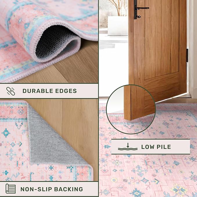 Washable Pink and Blue 9x12 Oushak Rugs - Image 5