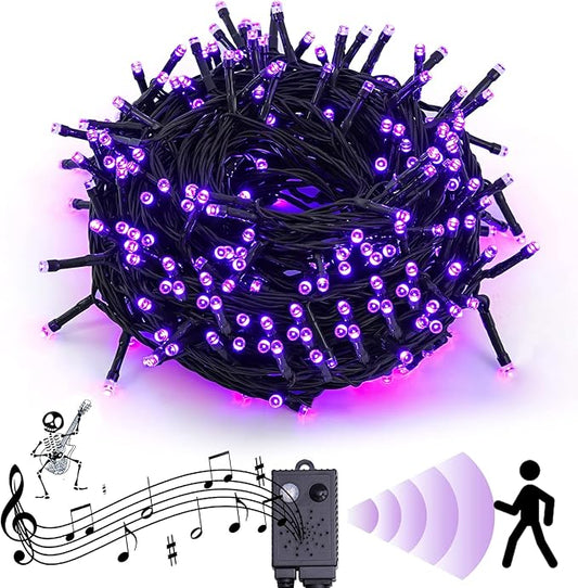 Rotu Halloween Lights Outdoor 114.8 ft 300 LED String Lights with Music Sync Spooky Sounds Halloween Decorations Fairy Lights Indoor Waterproof for Yard Porch Haunted House Decor (Purple)