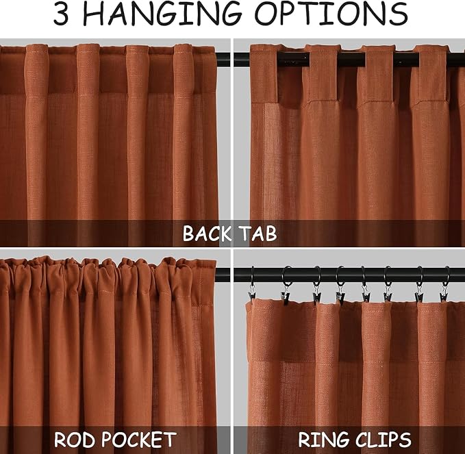 Terracotta Linen Curtains 84 Inches Long 2 Panel Set Back Tab Boho Rustic - Image 2