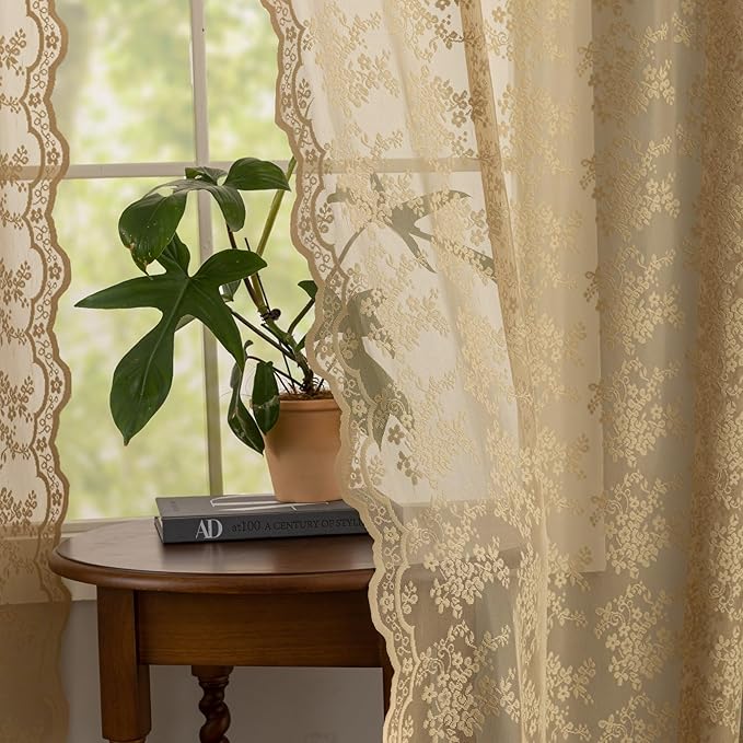 YJ YANJUN Vintage Lace Curtains 63 Inch Length 2 Panels Earthy Neutral Taupe - Image 3