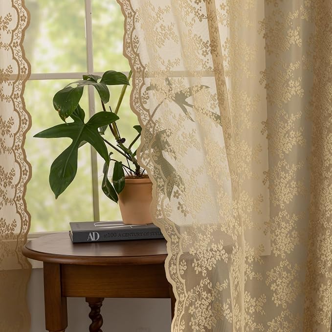 YJ YANJUN Vintage Lace Curtains 72 Inches Long-Victorian Floral Pattern Tan - Image 5