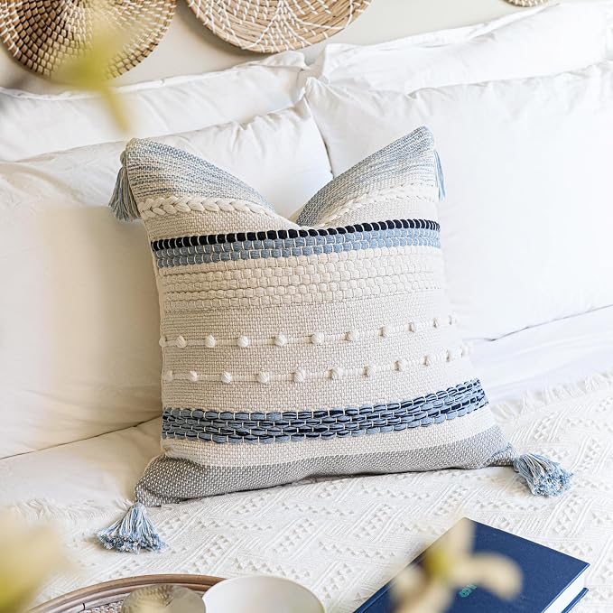 Coastal Blue Boho Decorative Throw Pillow Cover 22x22 Modern Bohemian Accent - Image 6