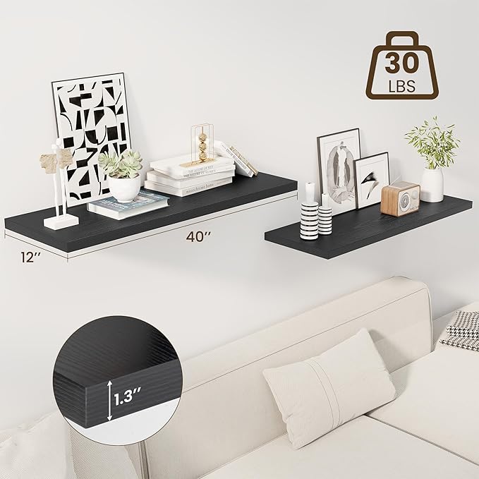 40" Floating Shelves for Wall, 12" Deep Slim Black Floating Shelves, Wall-Mounted Shelves for Bedroom, Living Room, Kitchen, Bathroom - Set of 2