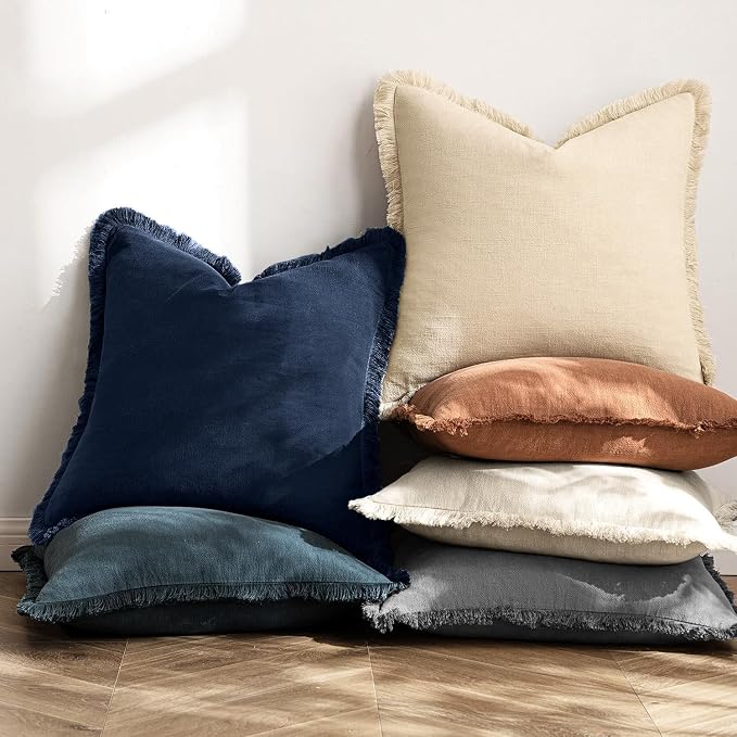 MIULEE Linen Fringe Decorative Euro Throw Pillow Covers Dark Navy 24x24 | Set - Image 4