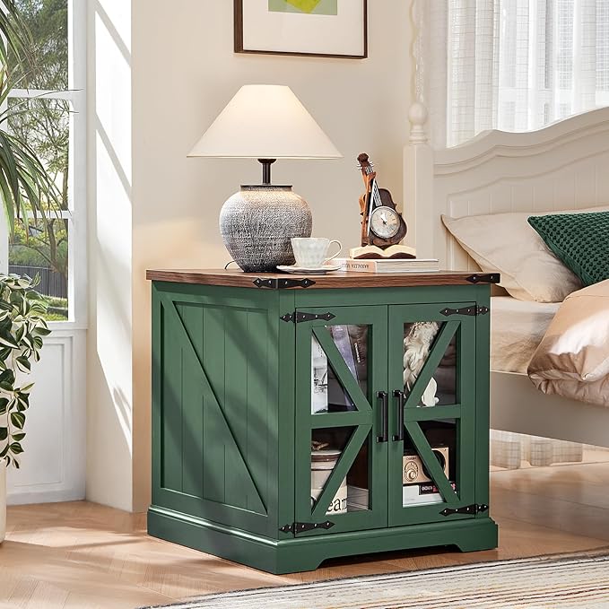 24" End Table Set of 2 with Charging Station, Farmhouse Night Stand with Glass Barn Door, Nightstands with Adjustable Storage Shelf, Large Wood Square Bed Side Table for Living Room, Bedroom