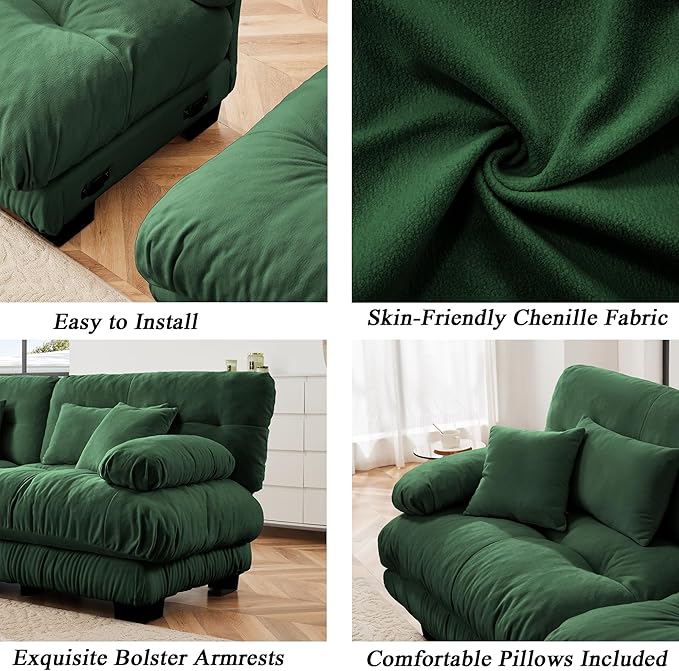 Modular Sectional Sofa, Comfy Cloud Couch 3 Seater Couch with Ottoman, Sectional Couches for Living Room, Modern Chenille U Shaped Couches, Sleeper Deep Seat Sofa with Throw Pillows, Green