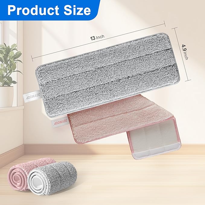 JOYMOOP Mop Replacement Pads, Reusable Microfiber Mop Pads for 13-inch Flat Mop and Mop Bucket Set, Pack of 2 Refills - Grey and Pink