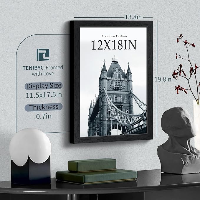12x18 Poster Frame Set - 3 Pack, Textured Black Solid Wood with HD Tempered Glass, Wall Gallery Picture Photo Frame