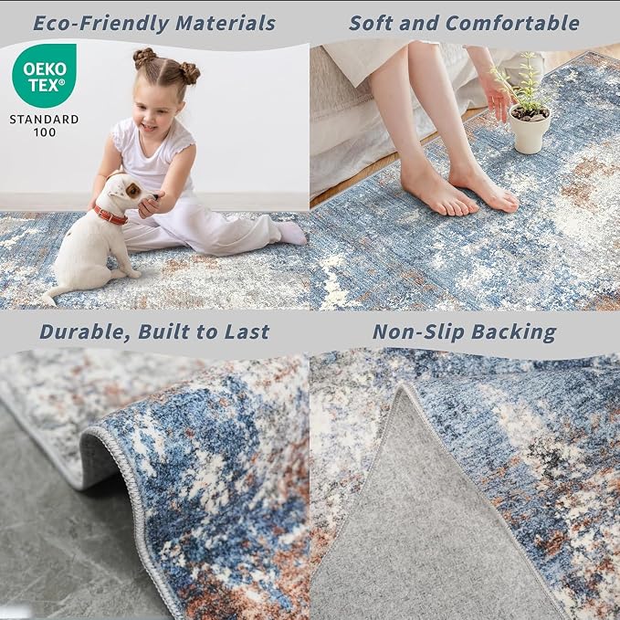 8x8 Square Living Room Area Rug – Washable Modern Neutral Abstract Indoor Rug - Image 6