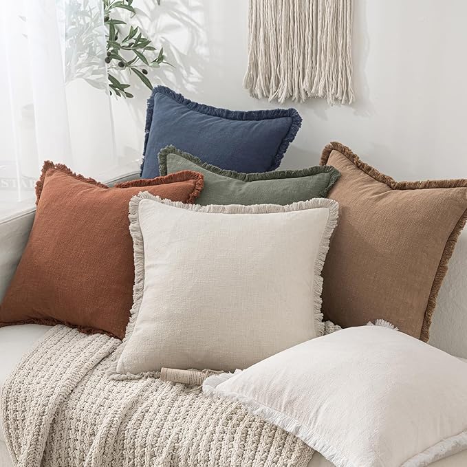 MIULEE Boho Linen Fringe Decorative Throw Pillow Covers Indigo Blue 20x20 | Set - Image 6