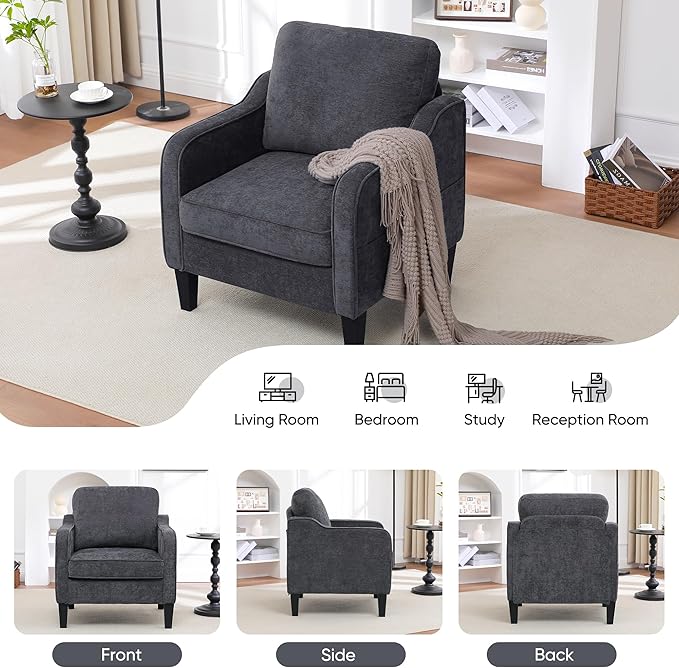 Accent Chairs Set of 2, Upholstered Living Room Chairs with Side Pockets, Mid Century Modern Reading Chair for Bedroom, Comfy Armchair Single Sofa Side Chair for Office, Small Room, Dark Grey