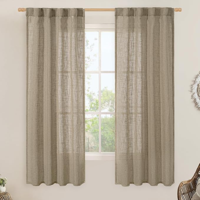 Linen Curtains 60 Inch Length 2 Panels, Light Filtering Sheer Panels | Faux by LAMIT