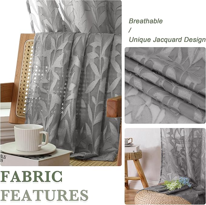 Lecloud Leia Clip Leaf Charcoal Grey Curtains Tiers Sheer Valances - Image 3