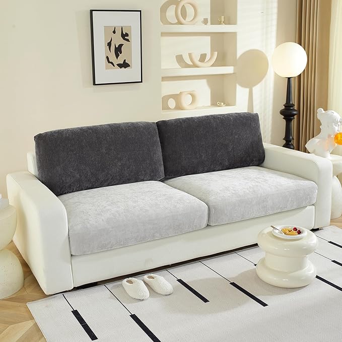 Large Backrest Cushion Covers Super Stretch Backrest Covers for 2 Cushion Couch Sofa, Couch Back Cushion Covers Featuring with Chenille Yarn (Softer Version, 2PC, Dark Grey)