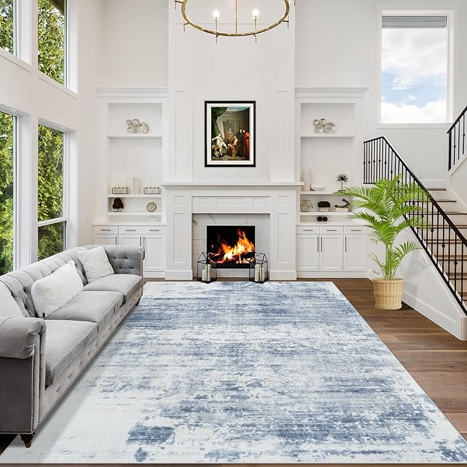 5x7 Area Rugs for Living Room: Washable Abstract Blue White Badroom Carpet | by GENTDRIZZ