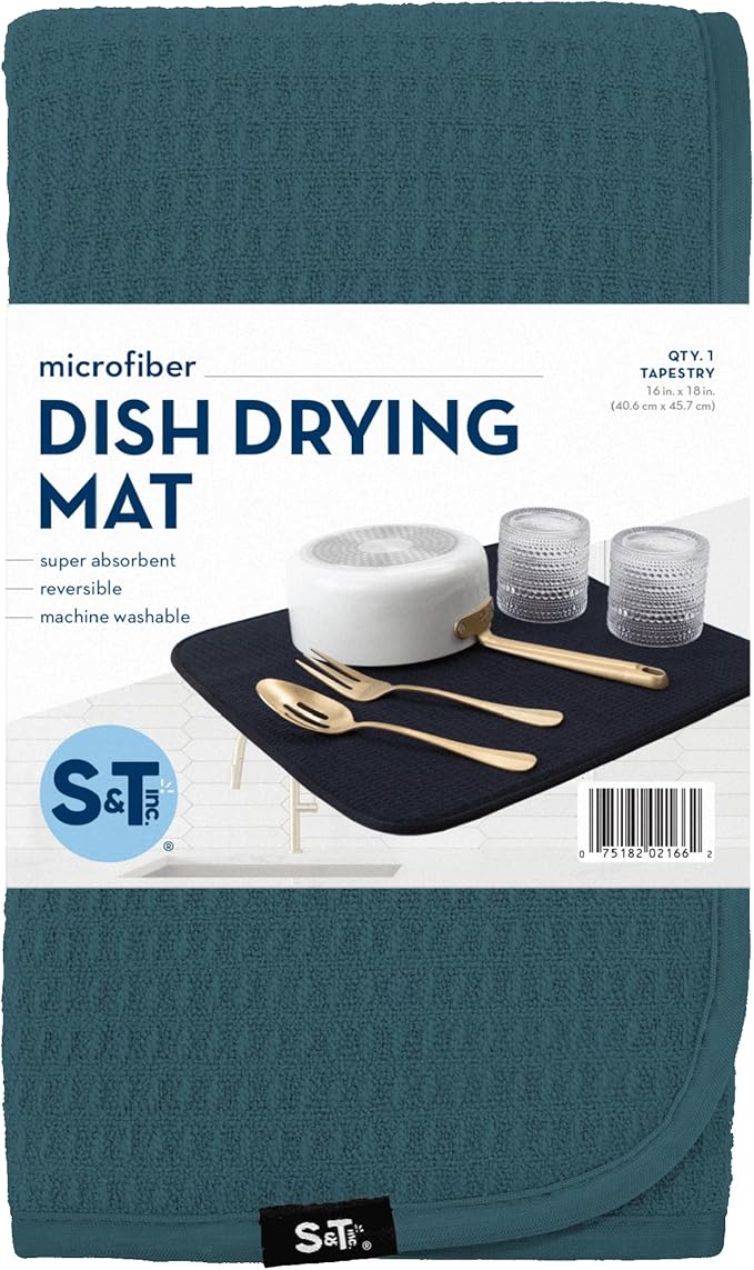 S&T INC. Dish Drying Mat, 16” x 18”, Absorbent Microfiber Kitchen Counter Mat, Dish Drying Pad for Dishes, Utensils, Pots and Pans, Large, Tapestry Blue