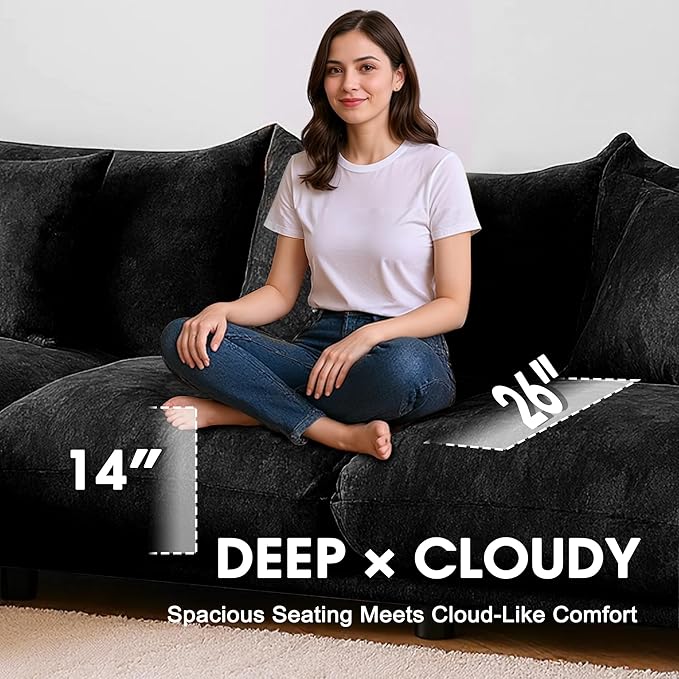 Modern Minimalist Chenille Modular Sectional Sofa, Deep-Seat 3-Seater L-Shaped Couch with Movable Ottoman and Thick Cushions, Upholstered Sofa for Living Room, Bedroom, Office, Apartment(Black L Sofa)