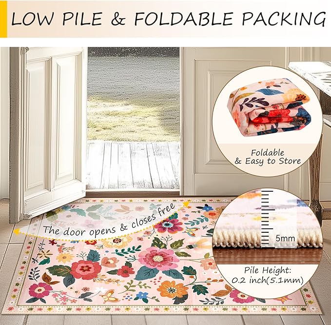 RELEANY Floral Washable 5x8 Area Rugs Pink | Flower Carpet Print Boho Cute Non - Image 5
