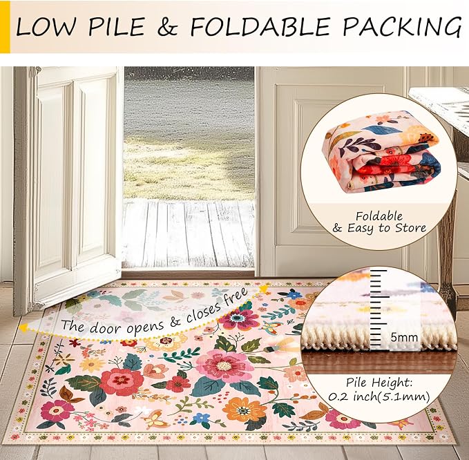 RELEANY Floral Washable Square 5ft Area Rug Pink | Flower Carpet Print Boho - Image 5