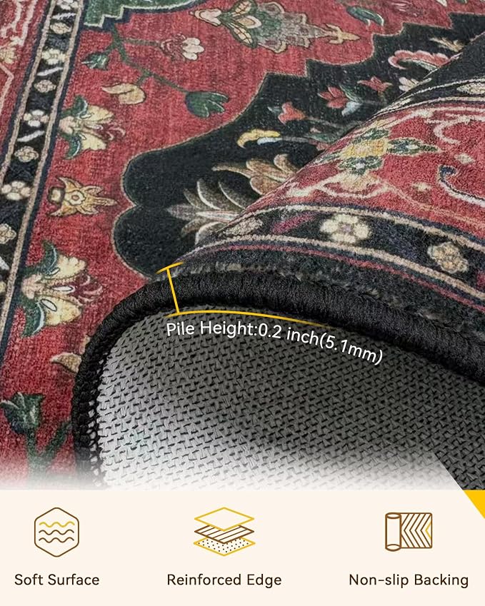 Area Rugs 6'x9' Washable Non-Slip, Floral Vintage Distress Print Pattern - Image 2