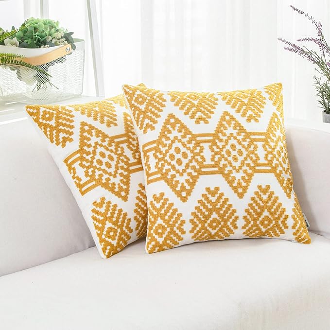 HWY 50 Mustard Yellow Decorative Throw Pillow Covers 18x18 Inch, Pack of 2 Embroidered Cotton Farmhouse Cushion Cover Pillow Case for Sofa Couch Living Room Bed Bedroon, Modern Diamond Geometric