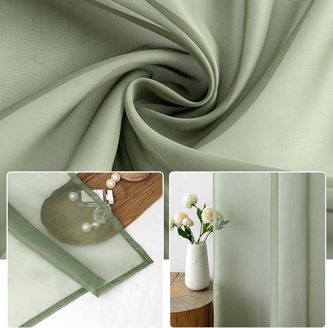 MIULEE Sage Green Sheer Curtains 54 X 45 Inches, 2 Panels | Elegant Window - Image 3