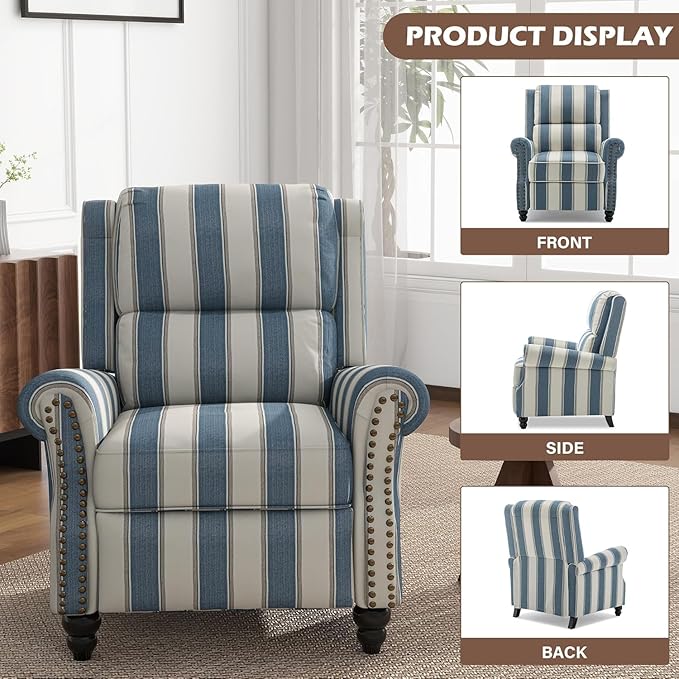 UIXE Pushback Recliner Chairs Set of 2, Fabric Overstuffed Armchair Push Back Accent Chair for Living Room, Rivet Trim Club Chair Home Theater Bedroom Side Reading Seats - Strip Navy