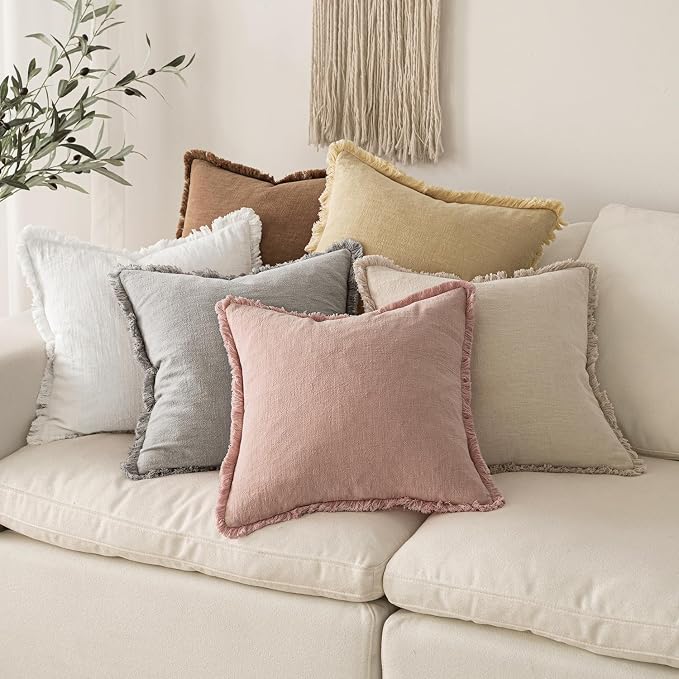 MIULEE Boho Linen Fringe Decorative Lumbar Throw Pillow Covers White 12x20 | - Image 6