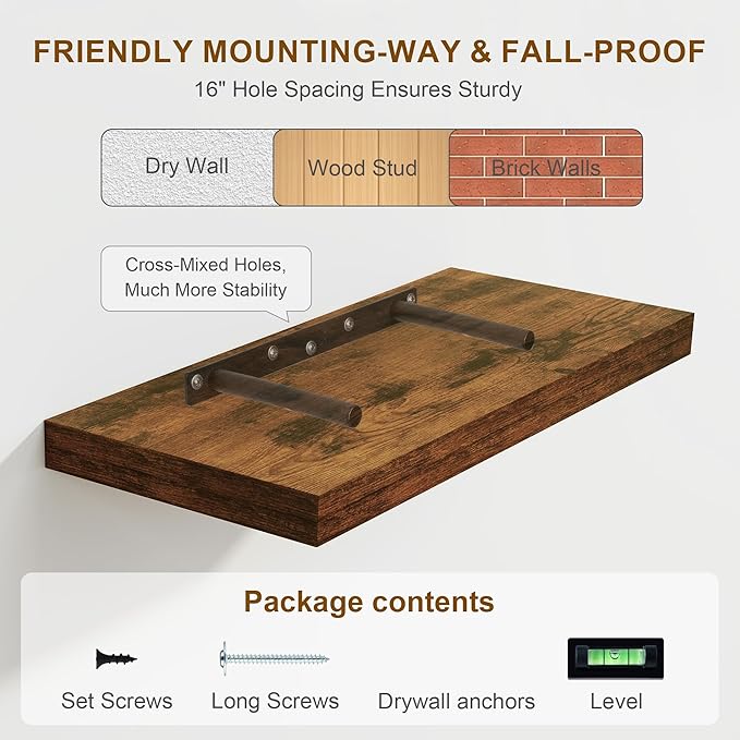 Floating Shelves, 8 Inch Deep Floating Shelves, 24"W x 8"D Wall Shelves Set of 2, Rustic Wood Floating Shelf for Home Decor, Deep Storage Shelves for Kitchen, Bedroom, Living Room, Rustic Brown