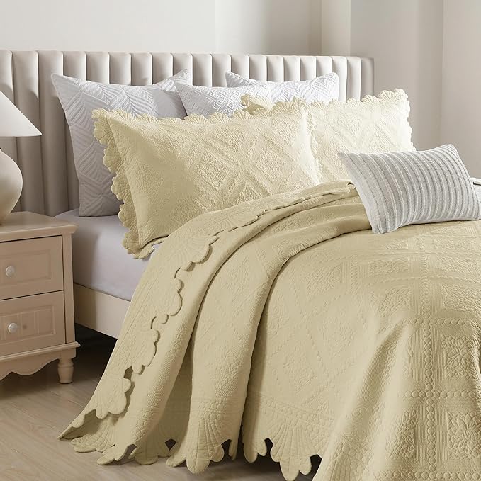 MarCielo 3-Piece 100% Cotton Oversized Bedspread Lightweight Quilt Coverlet Embroidery Farmhouse Bedding Set (Tk Beige Khaki, Oversized King (118"x106"))