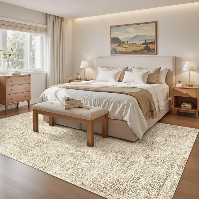 5x7 Area Rugs Brown Low Pile Indoor Washable Trendy Faded Style Floral Rugs - Image 3