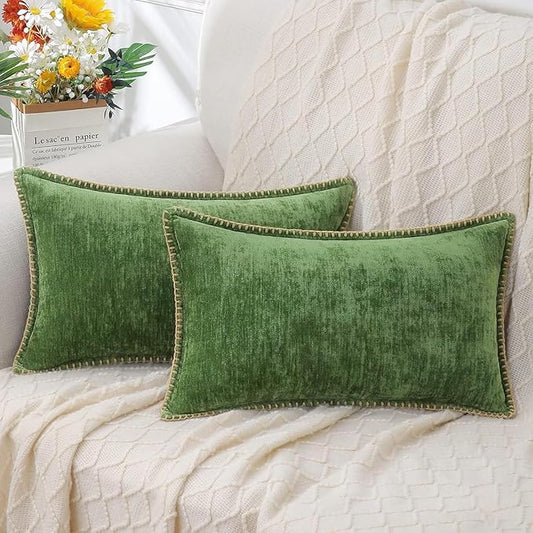 decorUhome Fall Chenille Soft Throw Pillow Covers 12x20 Set of 2, Lumbar Velvet Farmhouse Neutral Decorative Euro Pillow Covers with Stitched Edge for Couch Sofa Bed Home Decor, Forest Elf