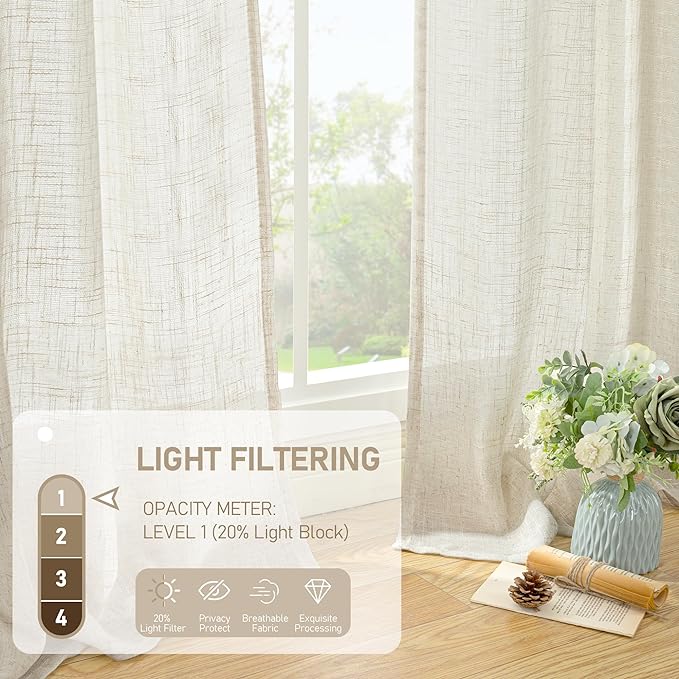 Linen Semi Sheer Curtains 96 inch Length 2 Panels Set Cream Ivory | Light - Image 4