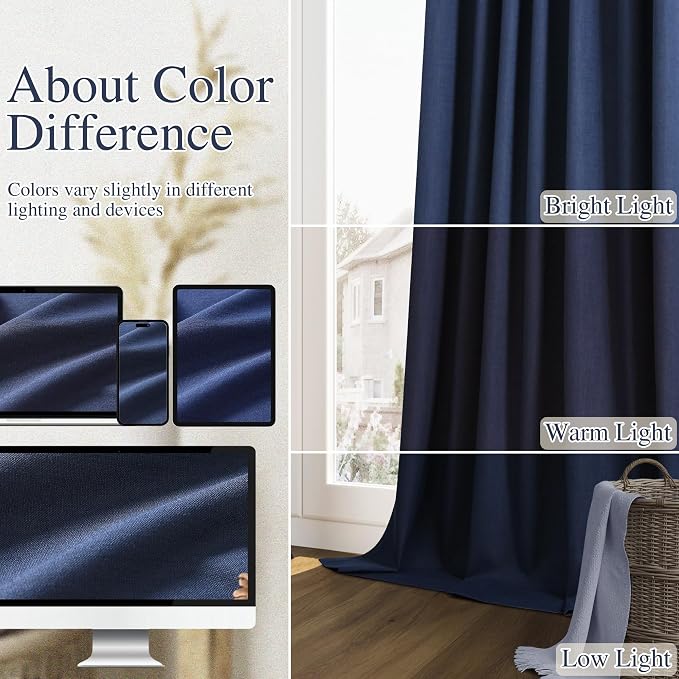 Guken Navy Blue 100% Blackout Linen Curtains 102 Inch Length 2 Panels Set - Image 7