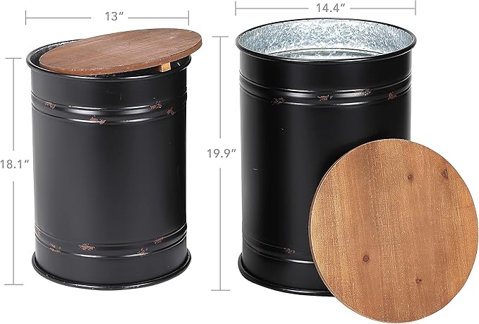 Rustic Storage Ottoman Seat Stool, Farmhouse Accent Side Table, Antique Galvanized Metal End Table Box Bin with Round Wooden Lid Set of 2 (Black)
