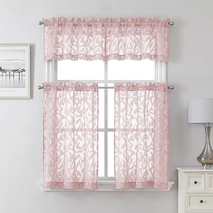 Lecloud Leia Blush Pink Sheer Kitchen Curtains 30 Inch Length 2 Pcs, Leaf - Image 8