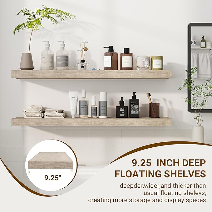 36 Inch Floating Shelves, 3D Textured Wood Grain, 36"x9.25"x1.5" Inch Deep Floating Shelves for Wall, Wooden Shelves for Bathroom, Bedroom, Living Room, Vintage White Oak